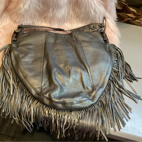 Sharif Gray Leather Hobo with Fringe and Studs - Picture 16 of 16